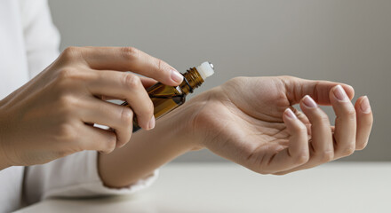 Woman Applying Aromatherapy Oil to Wrist with Glass Roller Bottle