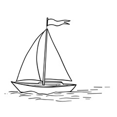 Doodle sketch vector illustration of a sailboat on waves with transparent background for nautical and travel design