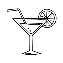 Doodle sketch vector illustration of a martini glass with lemon slice on transparent background for cocktail and party design