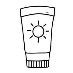 Doodle sketch vector illustration of a sunscreen tube with sun symbol on transparent background for summer skincare design