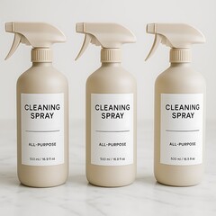 Three beige cleaning spray bottles, labeled "Cleaning Spray" and "All-Purpose", arranged on a light surface.