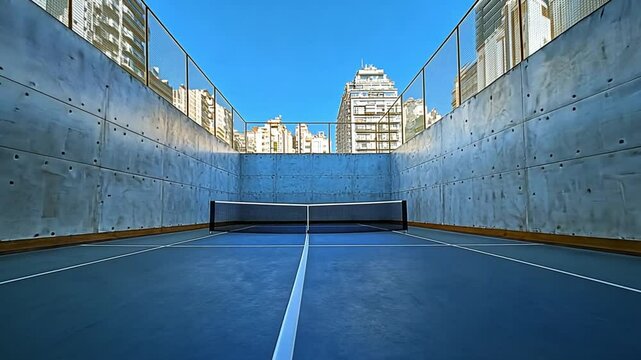 View of a racquetball court with concrete walls and buildings in the background