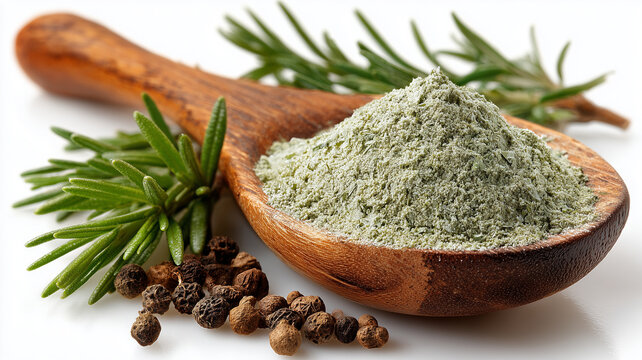 wooden spoon filled with dried rosemary powder and spices evokes sense of culinary creativity