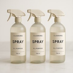 Three bottles of all-purpose cleaning spray, arranged neatly on a white surface.