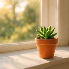 Small succulent plant in terracotta pot basks in sunlight on a windowsill, overlooking a sunlit garden.