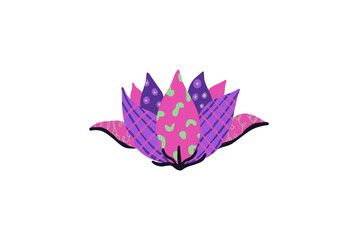 Colorful abstract lotus flower illustration with decorative patterns in pink, purple, and green on white background