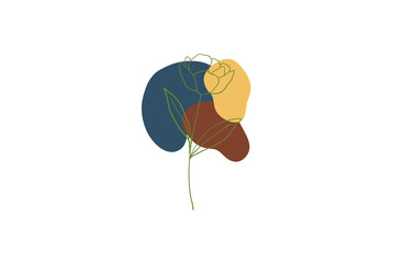 Minimalist abstract flower illustration with single line art and colorful geometric shapes in blue, yellow, and brown