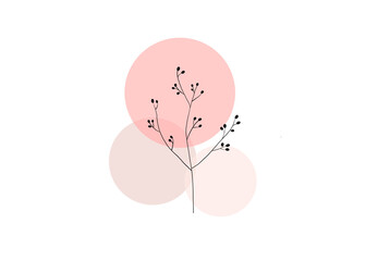 Minimalist botanical branch illustration with black line art and abstract pink circles on white background