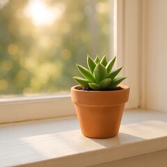 Small succulent plant in terracotta pot on a windowsill, bathed in sunlight.
