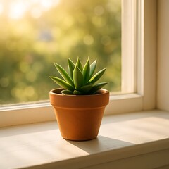 A succulent plant sits in a terracotta pot on a sunlit windowsill, with a blurred green background.