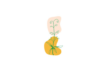 Minimalist abstract plant illustration with green line art, yellow and peach geometric shapes on white background