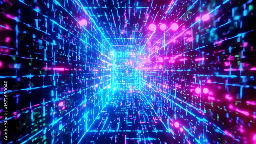 Poster abstract 3d digital neon tunnel with light and motion graphics