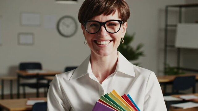 Happy teacher wearing glasses and white shirt smiles at camera while holding colorful notebooks, standing in classroom with desks and chairs