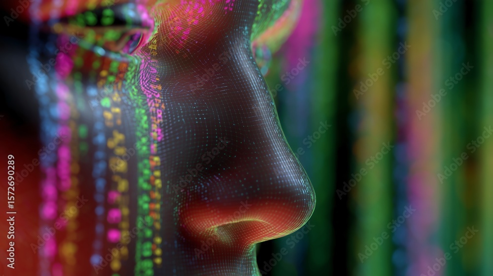 Poster digital face depicted in vibrant colors surrounded by streams of data symbolizing artificial intelli