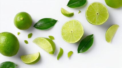 Fresh limes and leaves arranged on a white surface