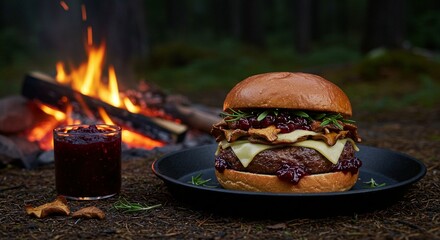 Gourmet campfire burger with mushrooms, cheese, and berry sauce, a culinary delight in the heart of the forest.