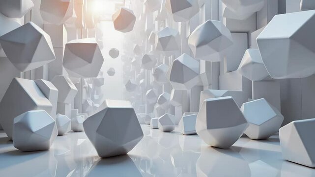 Abstract geometric objects in constant 3D rotation form ethereal composition with light and shadow. Abstract geometric objects in constant 3D rotation create an intriguing scene.