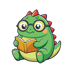 Fototapeta premium chubby dino wearing glasses and reading a book kawaii
