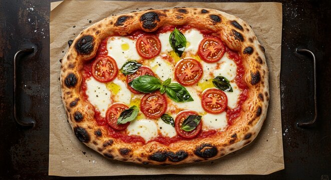 Overhead shot of a fresh, artisanal pizza with mozzarella, tomato, basil, and a charred crust on parchment paper. - Powered by Adobe