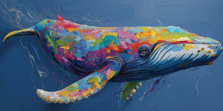 Vibrant, colorful whale painted in abstract style swims against blue background, showcasing blend of vivid hues and dynamic brushstrokes. artwork exudes creativity and energy
