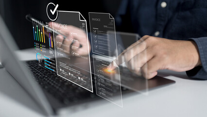 Business accounting uses digital laptop for online invoice processing, tax document management, payment billing, loan tracking, and finance budget control