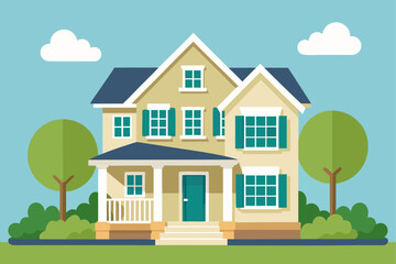 Two Story Suburban House With Porch And Lush Summer Greenery