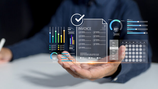 Digital business manages finance using online accounting, electronic invoice, tax document processing, payment billing, loan management, and budget tracking