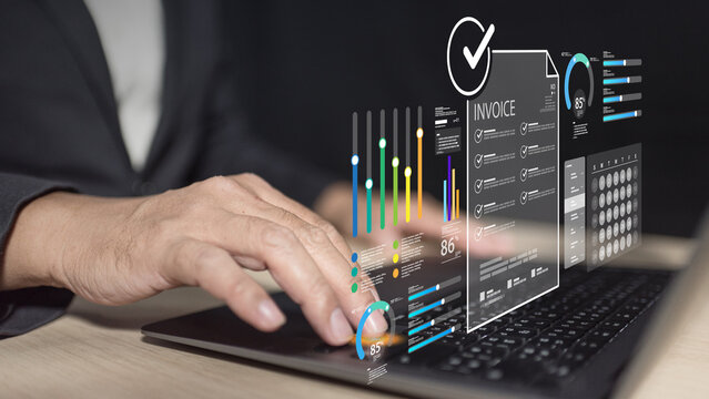 Digital business manages finance using online accounting, electronic invoice, tax document processing, payment billing, loan management, and budget tracking on laptop