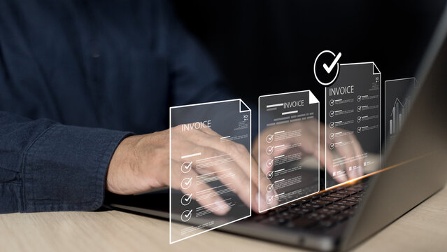 Online finance system processes electronic invoice, tax billing, payment management, loan documents, digital accounting, and budget planning using laptop for business efficiency