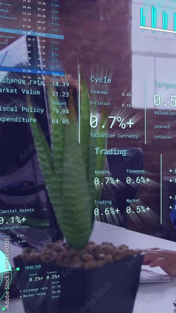 Poster animation of diagrams and data processing over diverse colleagues using phone headsets in office