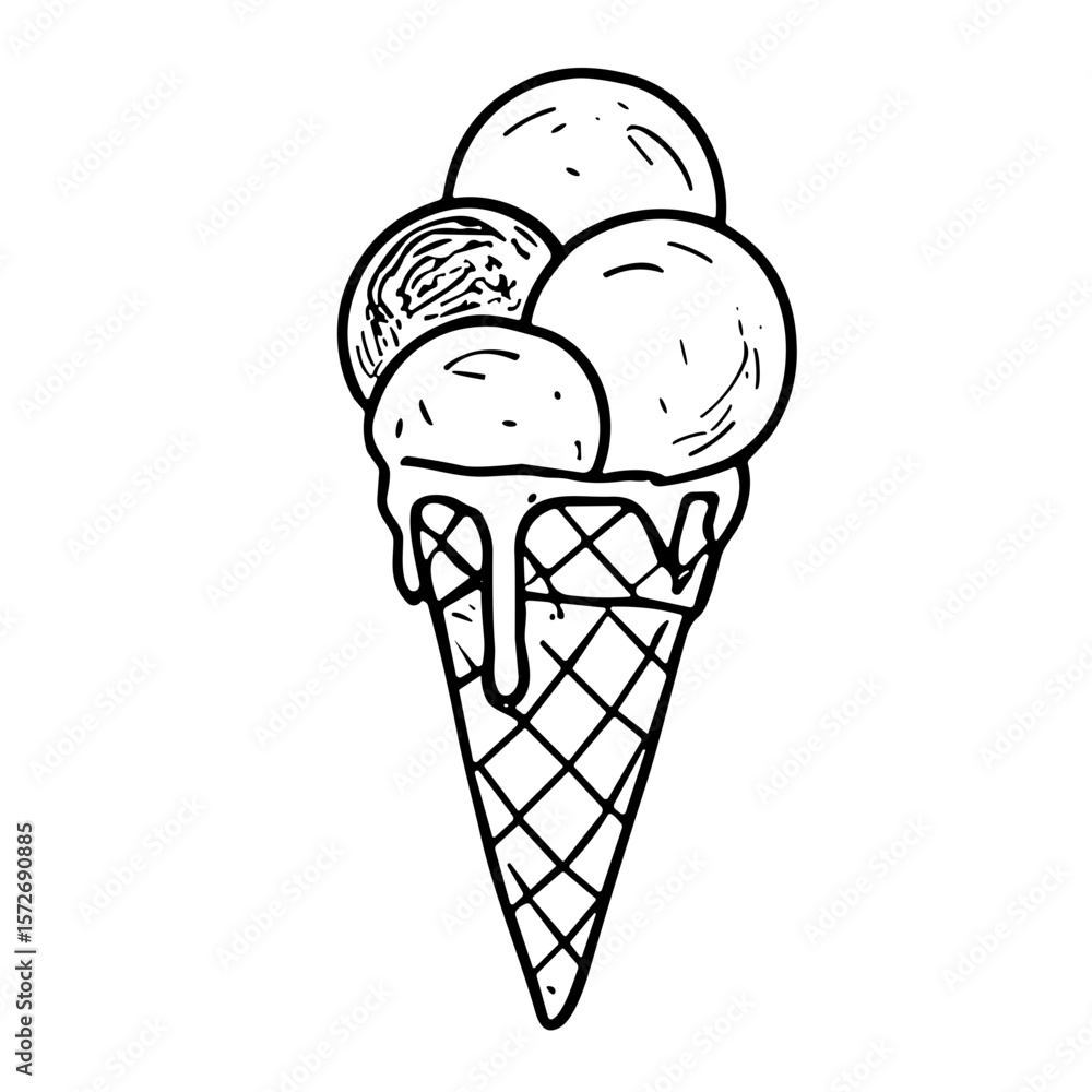 Poster doodle sketch vector illustration of an ice cream cone with three scoops on transparent background f