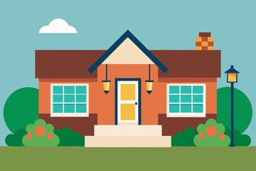 Suburban Home With Brick Walkway And Summer Hanging Plants