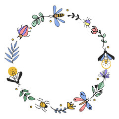 Hand drawn round vector floral frame with insect and leaf. Cute line art wreath. Element for greeting card.