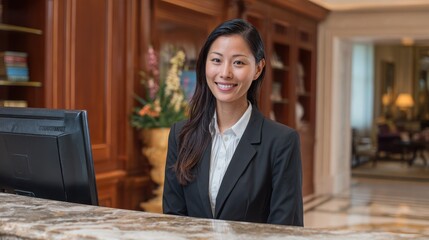 Hospitality Management. Asian Woman Hotel Receptionist Smiling at Lobby Reception Desk