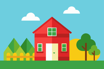 Fototapeta premium Classic Farmhouse With Red Door And Summer Vegetation