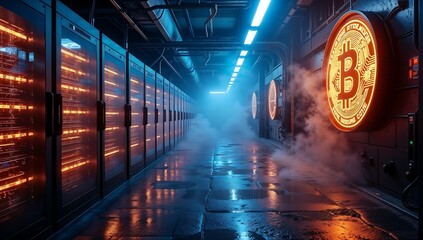 Cyberpunk Bitcoin Mining Facility – Glowing Servers & Liquid-Cooled Rigs in Futuristic Underground Vault