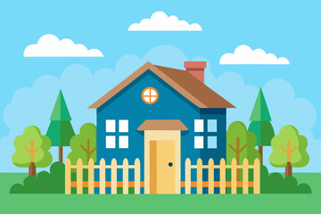 Fototapeta premium Classic Cottage With Summer Garden And Wooden Fence