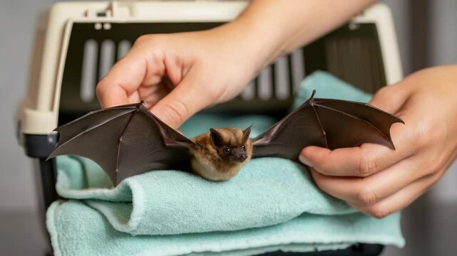Person's hands holding small bat with open wings