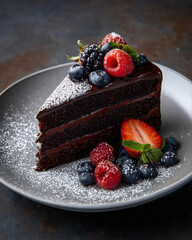 Chocolate cake slice with fresh berries and mint