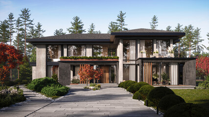 Modern house exterior day light with lawn grass and luxury landscaping.3d rendering