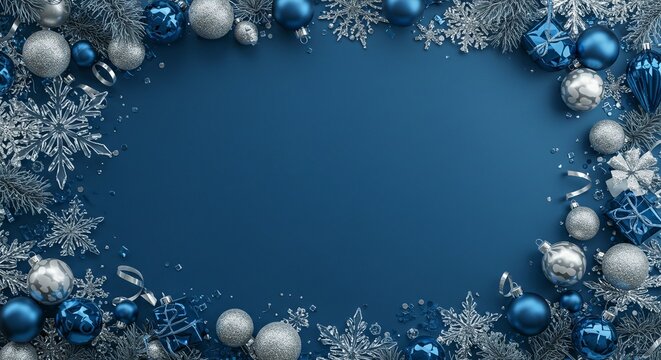 A festive winter themed background featuring ornaments, snowflakes, and evergreen branches against a navy blue surface.