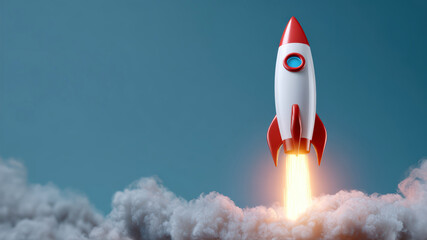 Rocket launching into the sky with vibrant flames