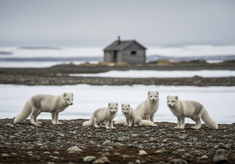 Arctic Fox Family Gathering: Five White Foxes on a Stony, Snowy Landscape with a Distant Hut