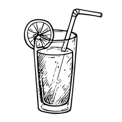 Doodle sketch of a refreshing drink with lemon slice on transparent background for summer beverage design