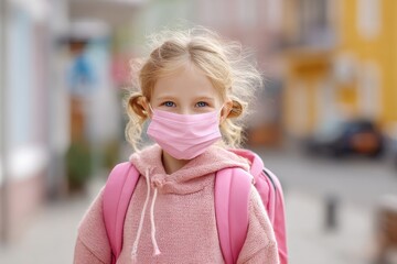 Kid Backpack Mask. Back to School - Smiling Caucasian Girl with Pink Protective Face Mask Carrying Backpack on Street