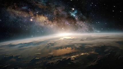 Kosmos. Earth Viewed from Space. Daytime and Night Views of Land and Stars