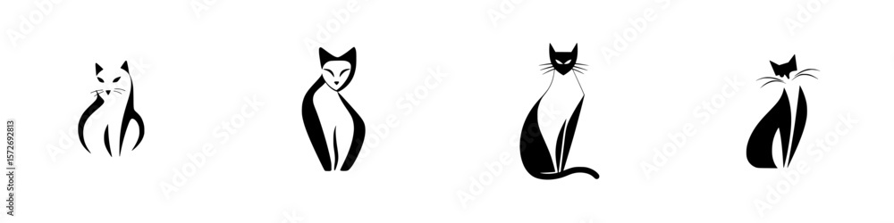 Poster silhouette pictogram set featuring four elegant cat designs in minimalistic style