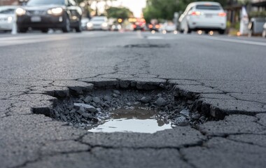 A close up of a pothole in the middle of the street