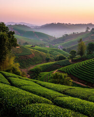 Vast green tea fields under a soft morning light