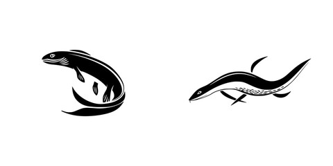 Obraz premium Pictogram set showcasing silhouettes of two distinct fish species illustrating aquatic life